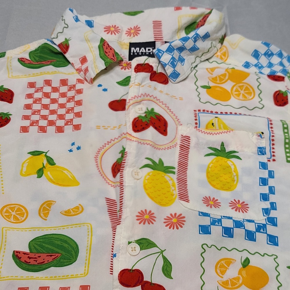 Mad Engine Fruit Print Button Down Shirt Women Small White Multi Kitschy Retro